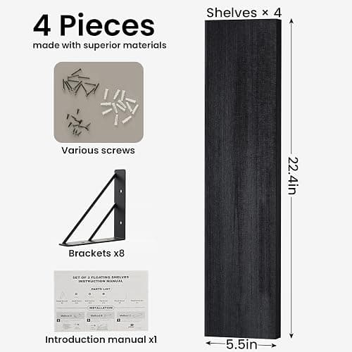 BAYKA Wall Mounted Floating Shelves, Wood Floating Wall Shelf for Books & Decor, Small Space-Saving Display & Organizer（Black，23in，Set of 4） thumbnail 2