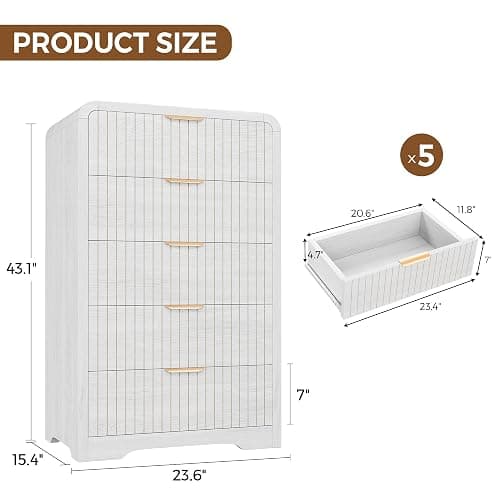 Jocoevol 5 Drawer Dresser for Bedroom, Tall Chest of Drawers, Fluted Wood Dresser with Curved Profile Design, Modern Vertical Storage Dresser for Living Room, White Dresser thumbnail 2