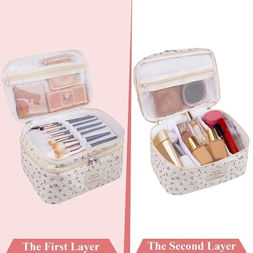 Makeup bag, Large Cosmetic Bag for Women Girls, Cute Quilted Makeup Bags, Floral Coquette Aesthetic Toiletry Bag, Travel Make Up Organizer Bag (Cherry) thumbnail 4