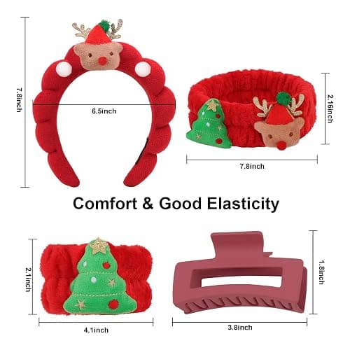 AMCAMI Christmas Makeup Headband Wristband Set with Hair Clips,Headband for Washing Face, Skincare,Spa,Christmas Hair Accessories Gifts, Stocking Stuffers thumbnail 2