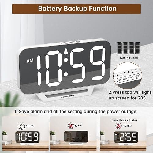 Peakeep Slim Digital Mirror Aesthetic Alarm Clock for Bedrooms Desk Decor, Plug in Electric Big LED Modern Small Clock for Office Living Room, Battery Backup, 6 Dimmers (White) thumbnail 6