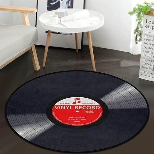 keepcute Music Record Black Round Area Rug for Bedroom Living Room Study Playing,Non-Slip Floor Mat Carpet Home Decor Rugs, 3' Diameter - Image 1