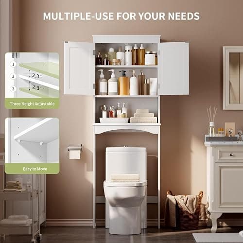 Gizoon Over The Toilet Storage Cabinet with Adjustable Shelf and Double Doors, Bathroom Space Saver Organizer Above Toilet with Open Shelf, Taller Wooden Free Standing Toilet Rack -White thumbnail 4