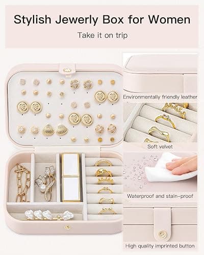 Vlando Travel Jewelry Case, PU Leather Travel Jewelry Box with Earring Holder, Portable Display Small Jewelry Box for Mothers Day Women Girls Gift - Pink thumbnail 7