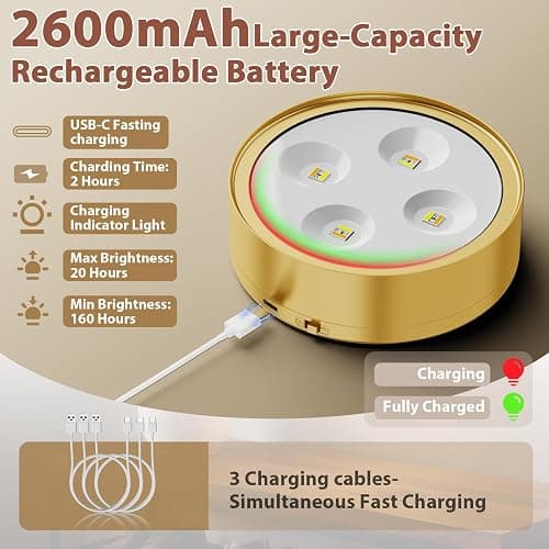 Bawoo 3Pcs Picture Lights for Wall RGB Magnetic Rechargeable Wall Lights,Wireless Battery Operated Art Lights for Paintings,Remote, Dimmable, Timer,Stick On Display Lamp,Poster Light,Puck Light,Gold thumbnail 2