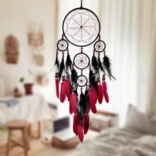 SOYUZU Red and Black Dream Catcher Large Dream Catchers Wall Decor Handmade Feather Dreamcatcher Wall Hanging Ornament for Bedroom Living Room Home Decor thumbnail 6