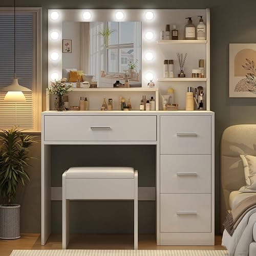 OTOQS Makeup Vanity Desk with Mirror and Light,Dressing Table Set with 3 Color Modes LED Lights,Large and Three Level Storage Dresser, for Bedroom Dressing Room,White thumbnail 7