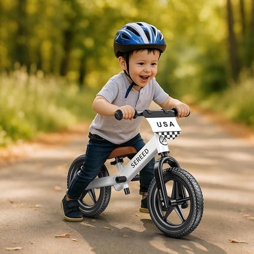 SEREED Toddler Balance Bike 2 Year Old, No Pedal Kids Toy Bike for 2-5 Years Old, Tool-Free Adjustment, Gift for 2-3 Boys Girls, Customize Plate with 3pcs Stickers (White) thumbnail 2