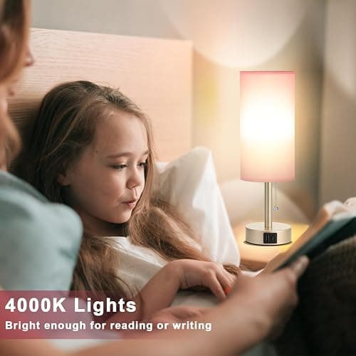 Small Table Lamp for Bedrooms - Bedside Lamps for Nightstands, Minimalist Night Stand Light with round fabric shade, Desk Reading Lamps for Children's room, Living room, Offices,Dorm (Pink and Gold) thumbnail 5