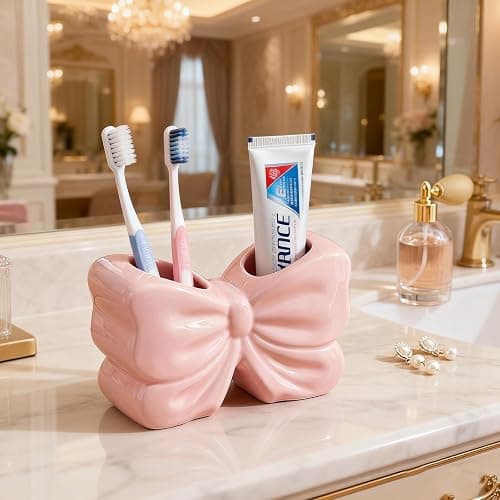 Bow Toothbrush Holder, 2-Slot Cute Bowtie Shaped Ceramic Bathroom Counter Organizer for Electric Toothbrushes, Toothpaste, Floss and Razors, Bathroom Decor Accessories, Pink thumbnail 8