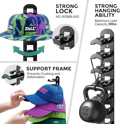 Hat Hook for Wall, 2 Pack Hat Organizer Hold up to 20 Hats,Hat Holder with Strong Adhesive and 8 Pack Screws, Cap Holder Hat Hangers for Wall Closet Door and Bedroom(B-Black) thumbnail 3