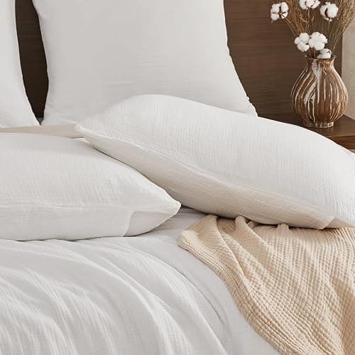 EMME Muslin Cotton Duvet Cover Set Cream White Queen Size Linen Like Soft Breathable Lightweight Summer Comforter Cover Set with Zipper Closure (Cream White, Queen, 90"x90") thumbnail 5