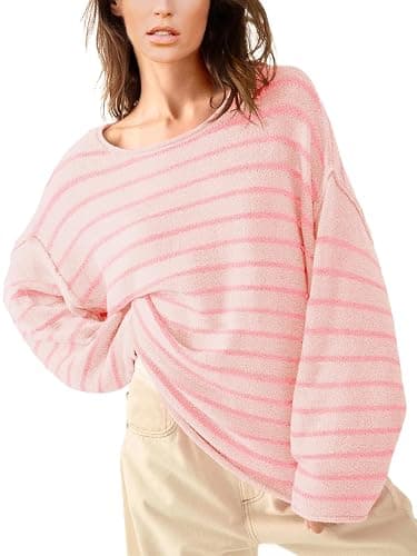 Outfeel Women's Oversized Striped Fuzzy Pullover Top Long Sleeve Round Neck Dropped Shoulders Sweater S-XL - Image 1