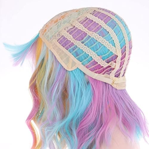 PATTNIUM 14 Inches Rainbow Wig Short Wavy Wig Pastel Rainbow Wig with Bangs Multi Color Wig for Women Girls Heat Resistant Synthetic Cosplay Costume Wig (Rainbow) - Multi-color thumbnail 5
