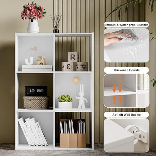 Sweetcrispy 6 Cube Storage Organizer - Open Cube Bookshelf with 3 Removable Back Panels, Display Storage Bookcase for Living Room, Bedroom, Entrance Hall, Home Office，36" L×11.6" W×24" H, White thumbnail 4