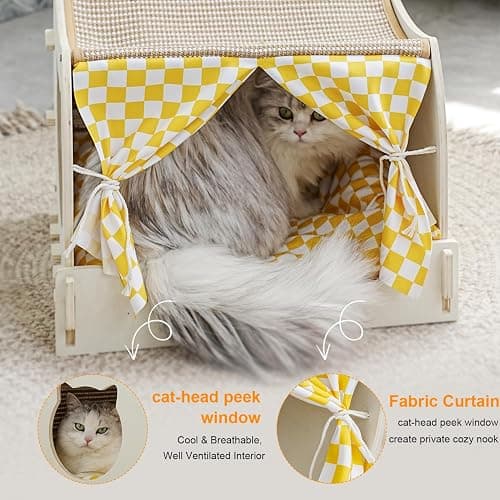 VARMTOR Cat House Indoor, Cat Cave, Modern Kitten Bed with Scratch Pad and Fluffy Ball, Wooden Frame with Cushion and Curtains (M, Double-Layer) thumbnail 6