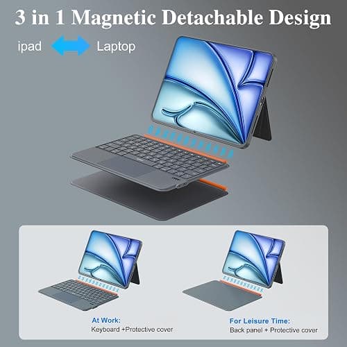 WIWU for iPad Case with Keyboard 11 Inch A16 10th Gen 3 in 1 Magnetic Detachable Keyboard Case Adjustable Stand Backlit Keys with Touchpad (Grey, for iPad 11/10/Air 5/4/11"(M2/M3) Pro 11" 4/3/2/1) thumbnail 3