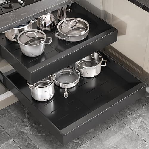 Seinloes 2 Pack Pull Out Cabinet Organizer 22" Deep,Full Extension 3 Slide Rails Slide Out Drawers With Raising Pad for Framed Cabinets,Expandable Width (12.3"-20.5"),No Drill Roll Out Shelf,Black - Image 1