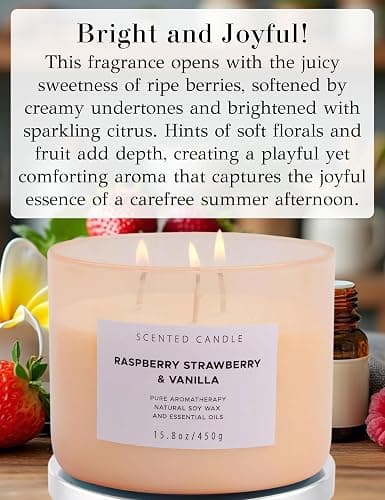 Raspberry Strawberry Vanilla 3 Wick Candle - Large 15.8 oz Soy Scented Candle, Strong Throw & Long Lasting - Fruity Berry Vanilla Candle - Aromatherapy Gift Candle for Home thumbnail 2