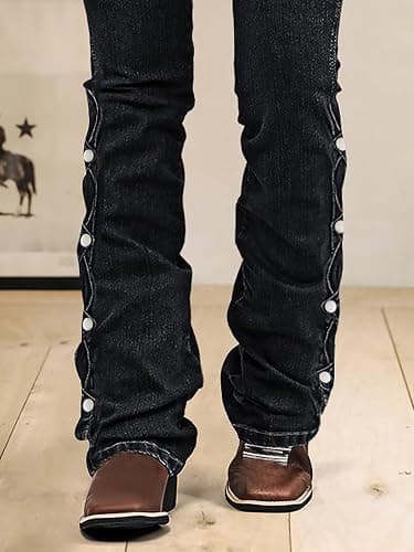 Flamingals Women's Buttoned Hem Bootcut Jeans Without Belt Mid Waist Casual Pants Navy Blue thumbnail 3