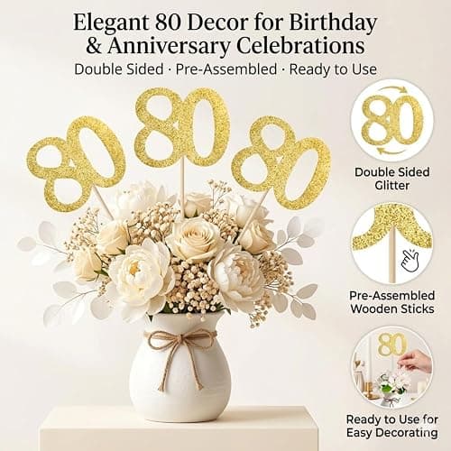 10Pcs Gold 80th Birthday & Anniversary Centerpiece Sticks, Pre-Assembled | Pre-assembled double-sided sticks for vases, party tables, vases, cakes, dessert tables and party displays thumbnail 4