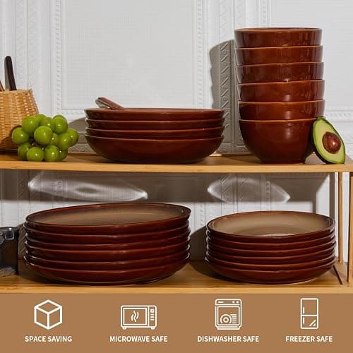 Pokini Stoneware Dinnerware Set Service for 4, 12 pcs Reactive Glaze Plates and Bowls Sets, Handmade Round Dishes Set, Highly Chip and Crack Resistant Modern Plate Set, Brown Yellow thumbnail 6