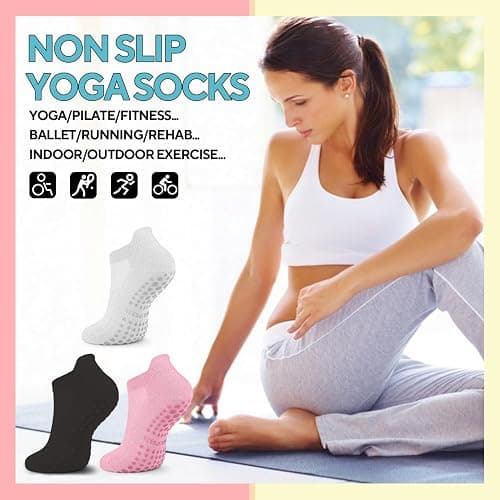 3 Pairs Pilates Grip Socks, Non Slip Yoga Socks for Women, Anti-Skid Grip Socks Breathable Cotton Socks for Yoga, Barre, Dance, Barefoot, Workout, Pregnant, Fitness and Ballet thumbnail 6