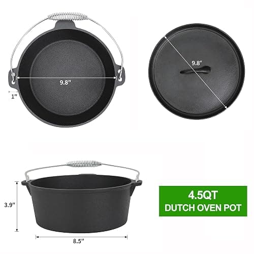 8 Piece Pre-Seasoned Dutch Oven Cooking Set Cast Iron Camping Kitchen Cookware Bakeware Skillets & Square Grill Pan w/Vintage Carrying Wood Box for Ourdoor Home BBQ Baking thumbnail 3