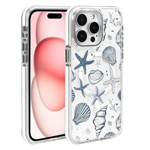 Punmada Compatible with iPhone 13 Pro Max Case for MagSafe, Clear White with Ocean Shells Design Drop Proof Rugged Magnetic Charge Shockproof for iPhone 13 Pro Max - Image 1