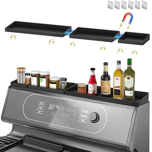 Homotte Stove Top Shelf - Silicone Magnetic Shelf for Kitchen Stove - Over Stove Spice Rack Organizer with 3 Detachable Functional Partitions - Adjustable Length of 20/24/30 Inch (Black) - Image 1