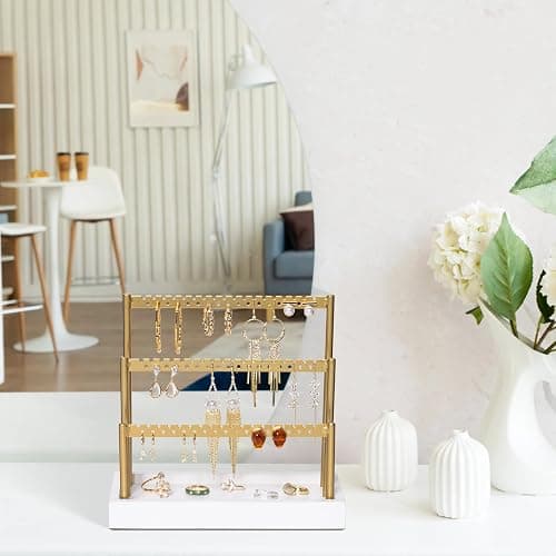 SANY DAYO HOME 3-Tier Earring Holder Organizer Stand, 105 Holes Gold Metal Earring Rack Jewelry Display Tree with White Wood Tray for Women and Girls thumbnail 5