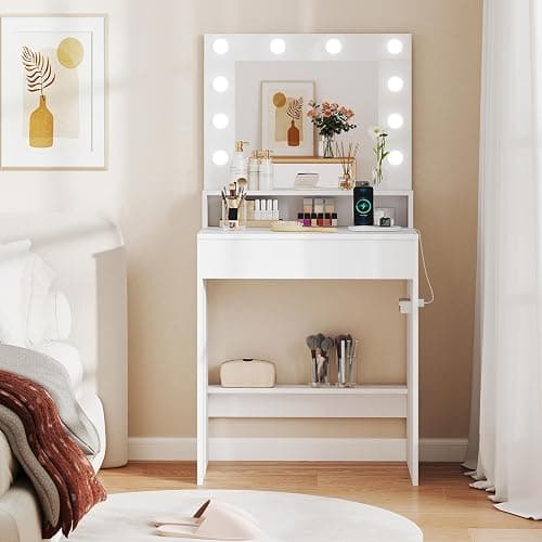 LOKO Vanity Desk with Mirror & Lights, White Dressing Table with 3 Lighting Modes & Adjustable Brightness, Open Shelves & Large Drawer, Built-in Charging Station, Compact Makeup Vanity for Small Space thumbnail 4