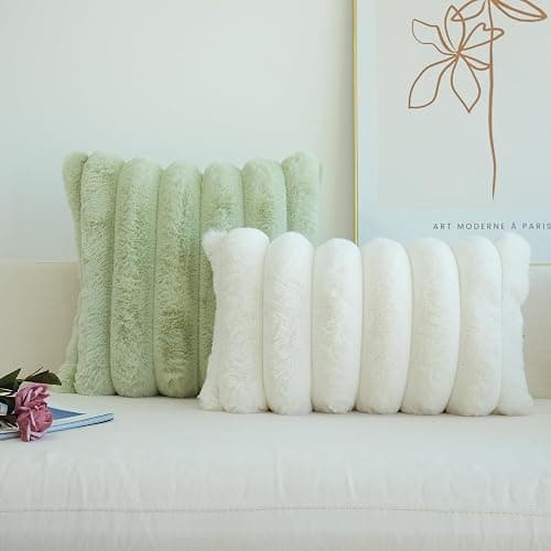 JOJUSIS Pack of 2 Faux Fur Plush Decorative Throw Pillow Covers Couch Cushion Case Soft Fluffy Pillowcases Wide Stripe (Sage Green, 20 x 20 Inch) thumbnail 7