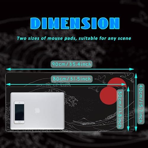 Desk Mat, Black Japanese Style Wave and Red Sun Extended Gaming Mouse Pad Large, 31.5"x11.8" Big Mouse Pad with Non-Slip Base and Stitched Edge, Long Computer Keyboard Mouse Mat for Home Office Work thumbnail 4