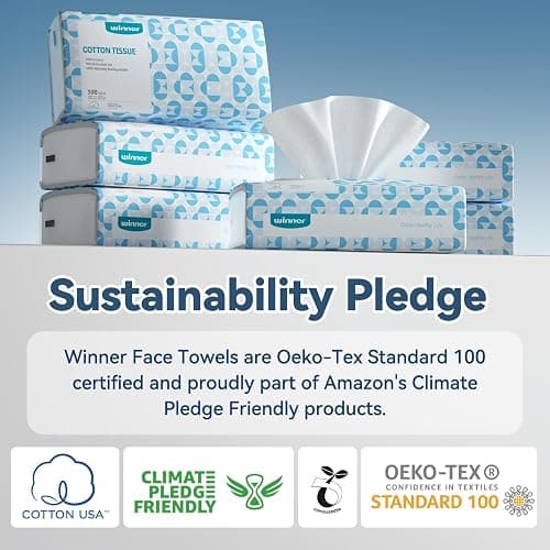 Winner Disposable Face Towels, 100% Cotton, 1200 Count (12 Bags) | USDA Certified Biobased, OEKO-TEX Certified, Unscented, Sensitive Skin, Face Cleansing, Makeup Removal thumbnail 9
