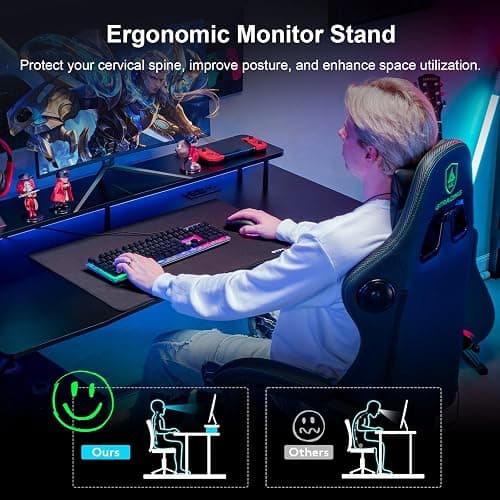 GTRACING 55 Inch Gaming Desk with LED Lights & Power Outlet, Computer Gamer Desk with Monitor Stand, Ergonomic Carbon Fiber Gaming Table Home Office Desk with Headphone Hook & Mouse Pad - Black thumbnail 5