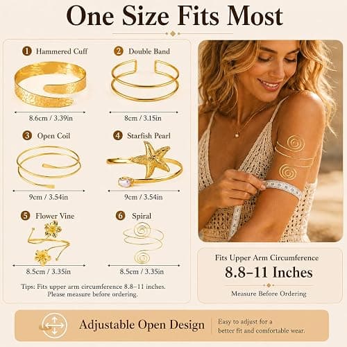 KOVLYNE 6 PCS Boho Gold Arm Cuff Jewelry for Women - Adjustable Minimalist Upper Arm Cuffs Bracelet Bangle Set for Beach Party Gifts thumbnail 4