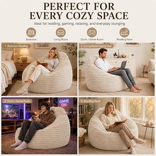 Simple Deluxe 3.25 ft Faux Fur Memory Foam Bean Bag Chair, Large Comfy Lazy Chair for Adult with Memory Foam Filled & Washable Cover, Perfect for Reading Gaming in Living Room Bedroom, Taupe thumbnail 7