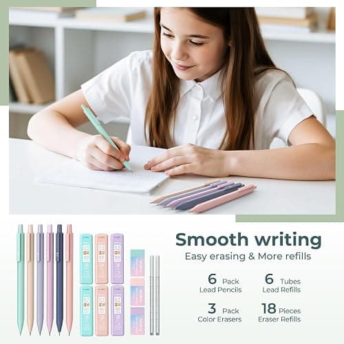 Nicpro 39 PCS Aesthetic School Supplies with Cute Pencil Case, 12 Color Pastel Highlighters, 5 Quick Dry Retractable Black Ink Pens, 6 Pastel Mechanical Pencil 0.5 & 0.7 mm for Student Stationary thumbnail 5