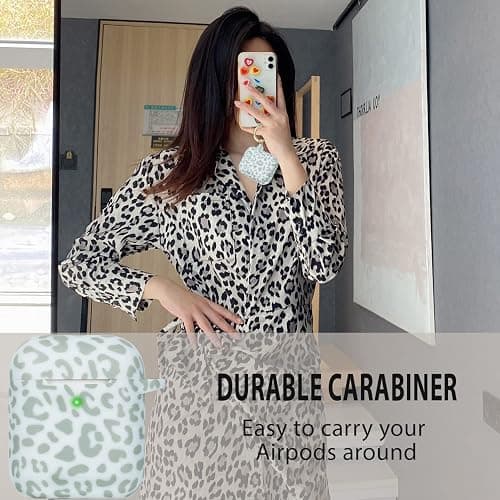 Leopard Silicone Compatible with Airpods Case, Gawnock Soft Cover Flexible Compatible with Airpods 2nd/1st Generation Floral Print Cover for Women Girls with Keychain - Light Green Leopard Cheetah thumbnail 7