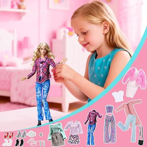 17 Pcs Doll Clothes for 11.5 Inch Girl Dolls Fashion Pack 5 Set Accessories Include Fashionable Pink Coat Houndstooth Dress Casual Set Random 3 Outfits 6 Pairs of Shoes 2 Bags 1 Earrings 1 Bracelet thumbnail 6