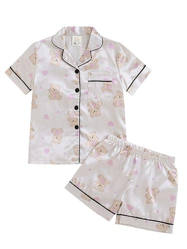 MyFav Girls Pajama Set Short Sleeve Button Down Silky Satin Girls PJS Kids Sleepwear Summer Nightwear Loungewear Set - Image 1