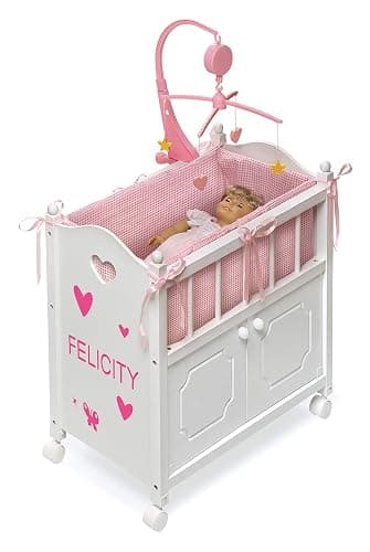 Badger Basket Wooden Toy Doll Bed with Storage, Mobile, and Bedding to Pretend and Play - Includes Wheels and Free Personalization Kit - White with Pink Gingham Fabric thumbnail 9