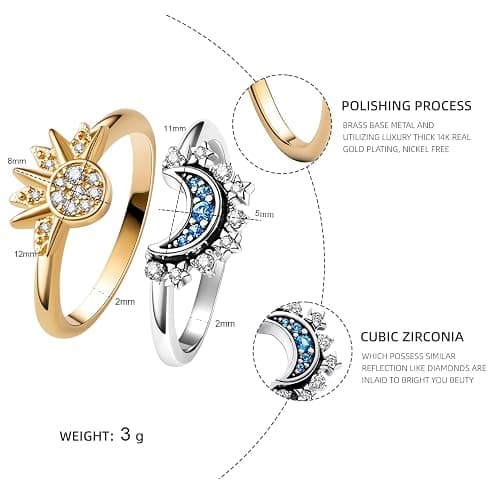 UNE DOUCE Celestial Sun and Moon Ring Set, Sparkling Sun Ring/Blue Moon Ring with 14k Gold/Silver Plating, Friendship Promise Ring, Stackable Celestial Rings, Gift for Women thumbnail 6