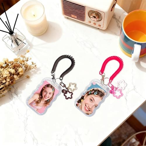 Qoncosy 2 Pack Cute Photocard Holder Keychain Kpop Photo Card Holder | Transparent PC Holder with Star Wave Design for Bus Student Card, Creative Photo Protector Keychain thumbnail 2