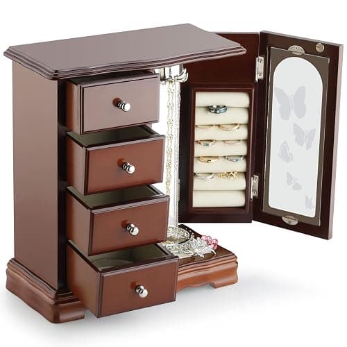 RR ROUND RICH DESIGN Jewelry Box - Made of Solid Wood with 4 Drawers Organizer and Built-in Necklace Carousel and Large Mirror Brown thumbnail 5
