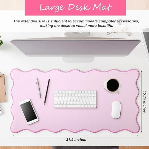 Hahafelt Scalloped Desk Mat Large Scalloped Piping Cute Desk Mat Aesthetic Preppy Table Pad Large Nonslip Pad with Edge Stitching Waterproof Gaming(Pink,31.5 x 15.75 Inches) thumbnail 3