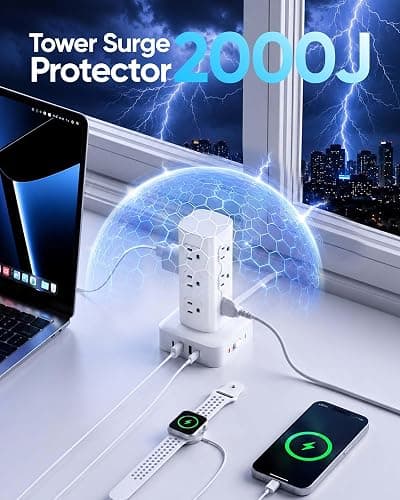 Power Strip Tower Surge Protector(2000J), Flat Plug Charging Station Tower with 12 AC Outlets & 4 USB Ports(2 USB C), 6FT Extension Cord for Home Office Dorm, White thumbnail 4