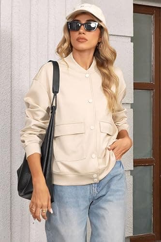 ETCYY NEW Bomber Jackets for Women 2025 Trendy Fall Winter Cropped Coats Button Down Casual Varsity Jacket with Pockets thumbnail 4