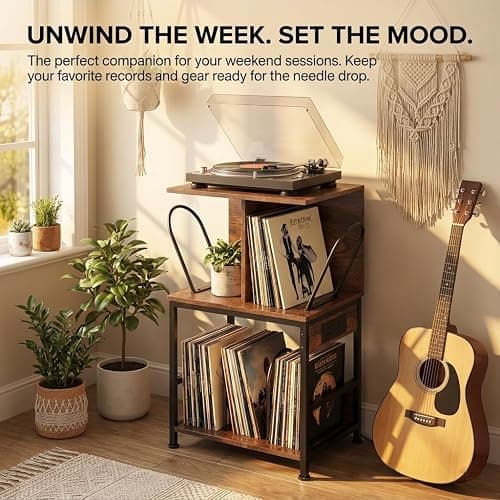 ZEXVIDA Record Player Stand with Vinyl Storage, Large Record Table Holds 180 Albums, Vinyl Record Storage Stand with USB Charger, Multi-Functional Side Table & Shelf for Living Room Bedroom thumbnail 4
